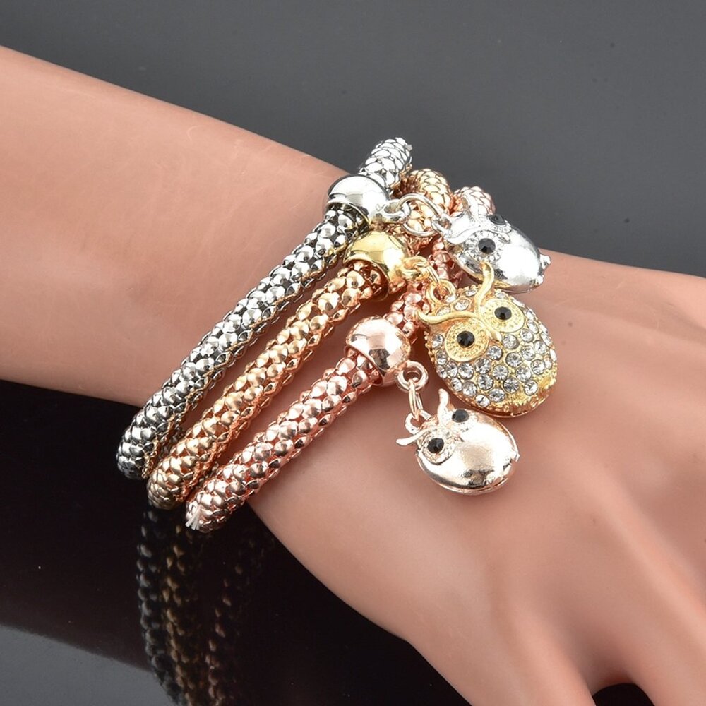 Tri-Tone Owl Charm Bracelet Set – Wise Sparkle Trio - Picture 13 of 15